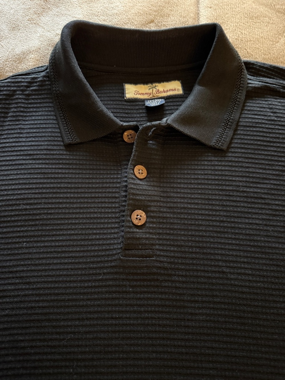 Tommy Bahama Black Ribbed Long  Sleeve Polo with Wood Buttons